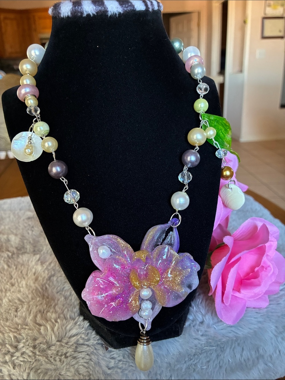 Handmade Pink & Iridescent Floral Statement Necklace - Picture 1 of 6